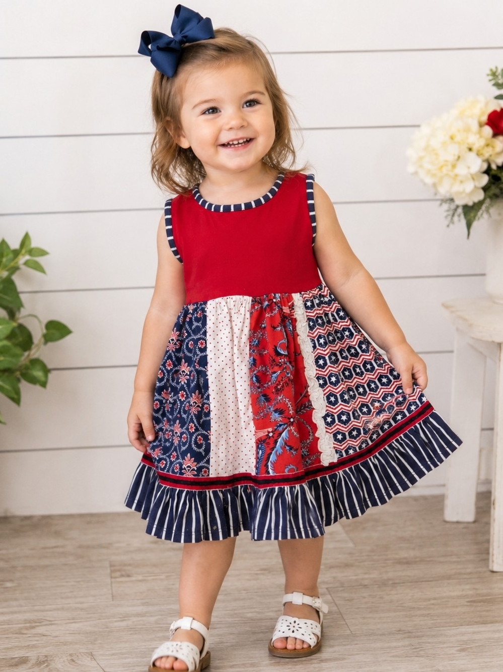 Persnickety Girls 2T Patriotic Patchwork Ruffle Dress Red White Blue